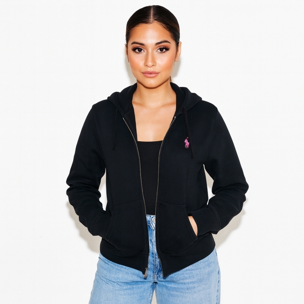 Ralph Lauren Sport 90s Vintage Black Zip Hoodie w Pink Pony - Picture 6 of 6